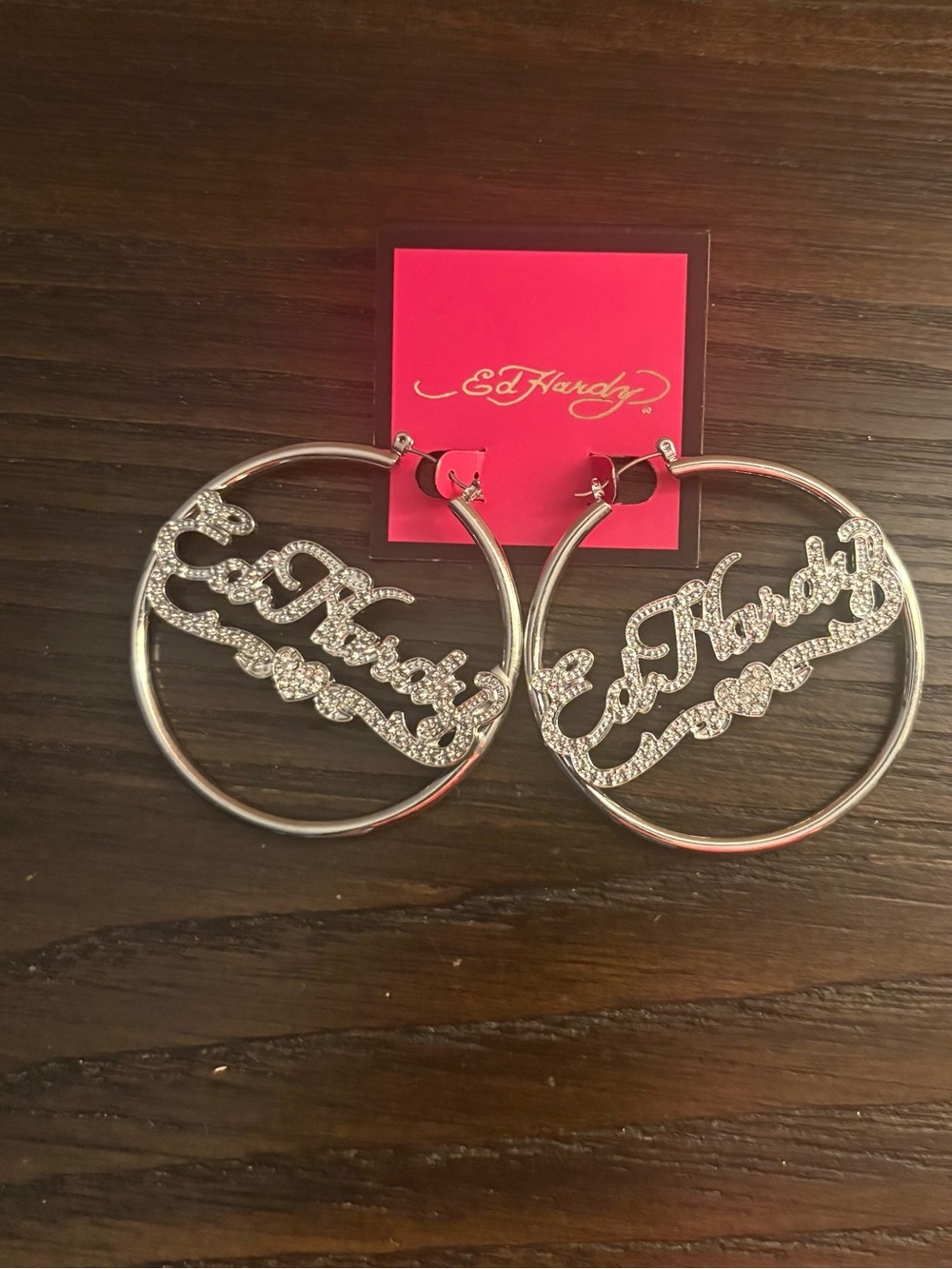 NEW Ed Hardy Silver Crystal Logo Hoop Earrings